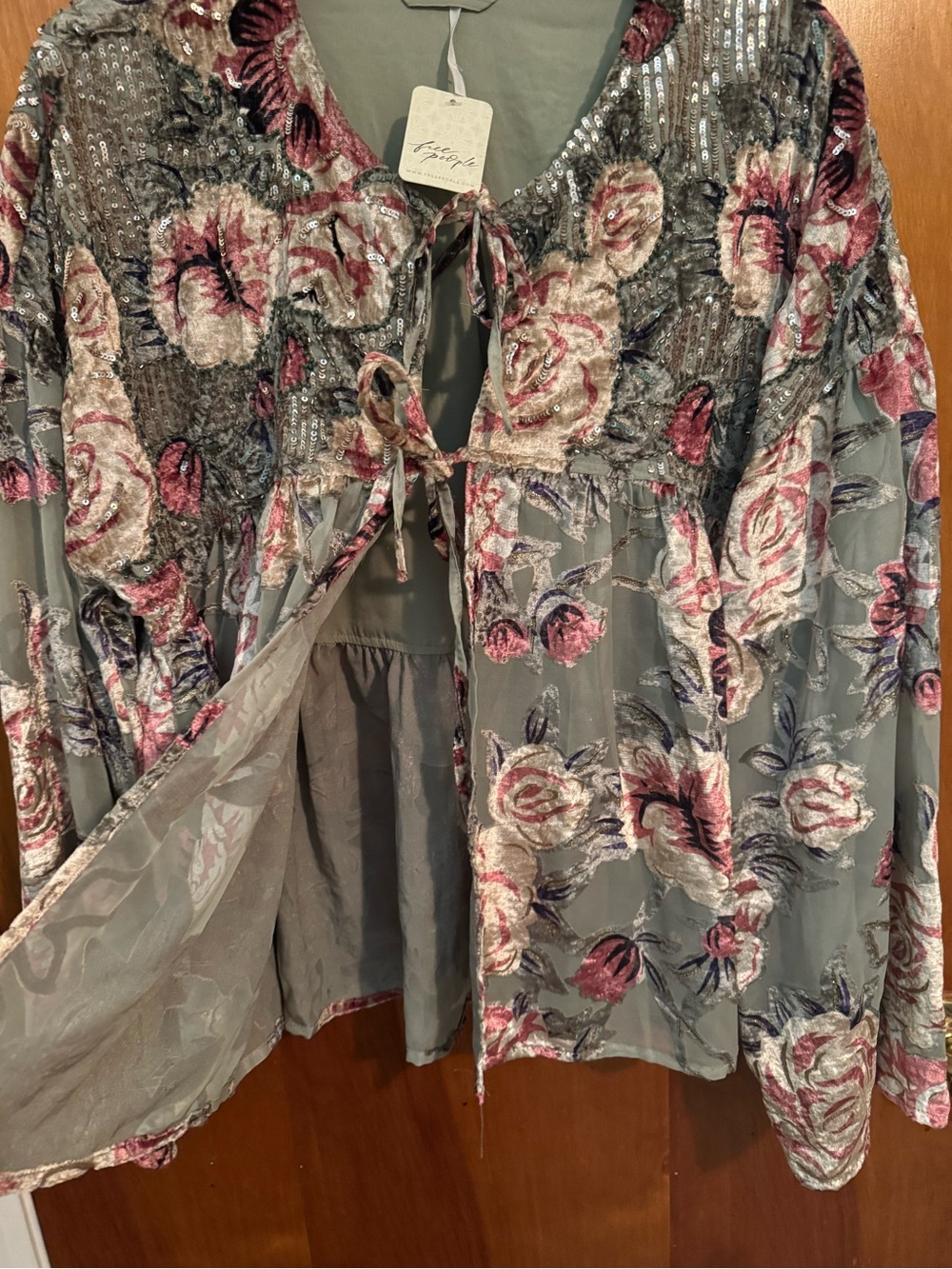 Free People Olive Green Floral Sequin Tie-Front Top - Picture 7 of 7